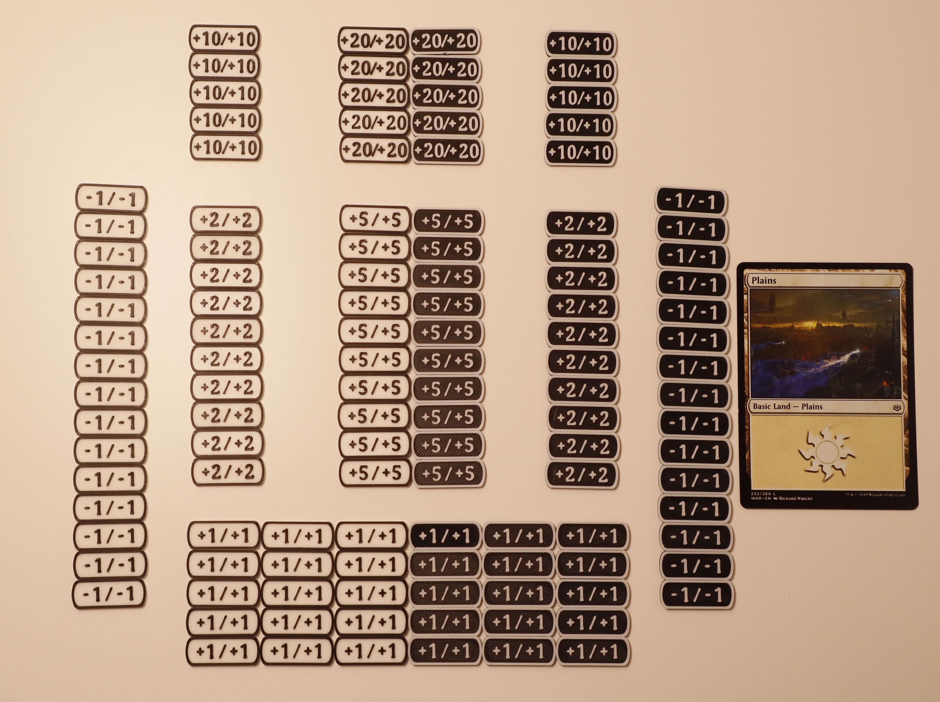1/1 Counters: 15: +1/+1, 15: -1/-1, 10: +2/+2, 10: +5/+5, 5: +10/+10, 5: +20/+20